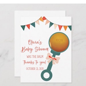 ¡Este baby shower fue un éxito gracias a ti! Tarjetas de recuerdo personalizadas e imprimibles para bálsamo labial EOS, sonajero, baby shower, verde azulado, naranja y banderines.