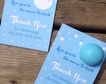 Love you to the moon and back baby shower favor printable, EOS lip balm cards, instant download, party favors, moon, stars, sky, thank you