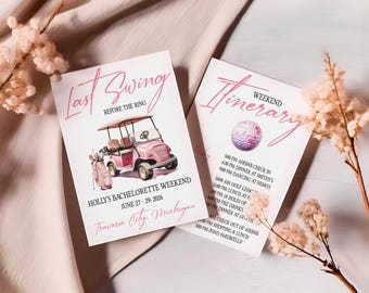 Last Swing Before the Ring!  Golf themed bachelor, bachelorette party invitation, 5x7 printable, golf cart, pink, white, golf ball, clubs