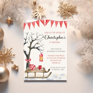 May include: A winter-themed birthday invitation with a watercolor illustration. The design features a sled, a tree, and a red lantern. The text reads "Load up the sleigh, it's Christopher's 3rd Birthday!" and includes event details.