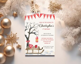 Load up the Sleigh! It's Time to Celebrate a Birthday! Winter Fun Kids' Birthday Party Invitation, 5x7 Printable, Sled, Snow, Hot Cocoa, Hat
