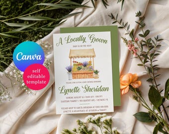 Floral Farmer's Market Baby Shower Invitation, A Locally Grown Baby is on the Way! Editable Canva Template, Instant Digital Download