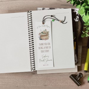 A New Chapter Begins! Book themed Bridal Shower favors, personalized bookmarks, stack of books, floral,green, brown,pink,download, printable