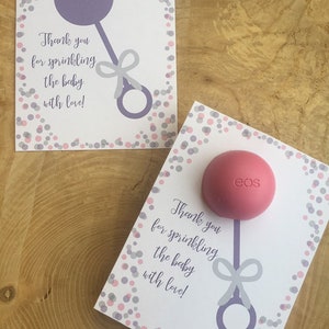 Rattle baby shower, baby sprinkle, EOS lip balm party favor, thank you for sprinkling the baby with love, gift, purple, pink,gray, polka dot