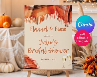 Flannel & Fizz Bridal Shower Welcome Sign, Editable Canva Template, Digital Download, Custom Size, Plaid Blanket Scarf, Champagne