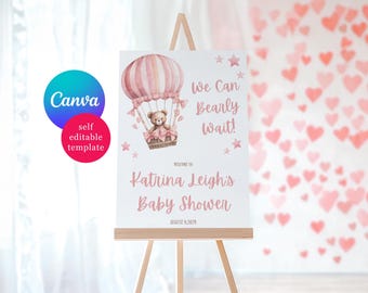 Pink Teddy Bear Baby Shower Welcome Sign, We Can Bearly Wait! Editable Canva Template, Personalized Digital Download, Custom Size