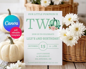 Teal Pumpkin Second Birthday Party Invitation, Editable Canva Template, Instant Download Printable, Our Little Pumpkin is Turning Two!