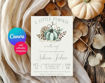 Teal Pumpkin Boho Baby Shower Invitation, Editable Canva Template, Instant Download Printable, Gender Neutral Fall Baby Shower