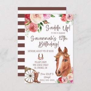 In sella! Invito per festa di compleanno a cavallo, 13x18 cm stampabile, acquerello, fiori, marrone, rosa, scaricabile, personalizzato, ferro di cavallo, cappello da cowboy