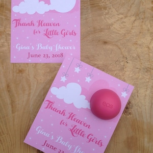 Thank Heaven für kleine Mädchen, Babypartybevorzugung druckbar, EOS Lippenbalsamkarten, personalisiert, rosa, Gefälligkeiten, Wolken, Sterne, Himmel, Himmel geschickt