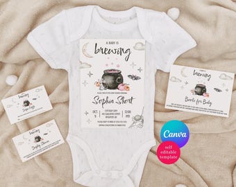 Halloween Themed Baby Shower Suite, A Baby is Brewing!  Editable Canva Template, Instant Download Printable, Gender Neutral Baby