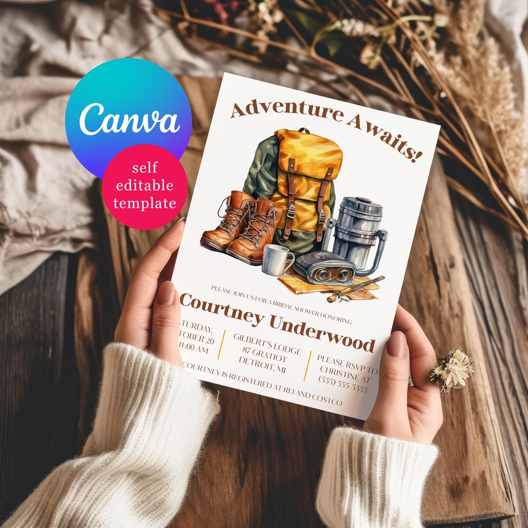 Hiking, Camping Themed Bridal Shower Invitation, Editable Canva ...