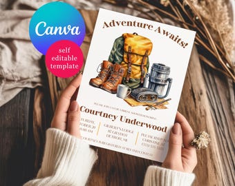 Hiking, Camping themed Bridal Shower invitation, Editable Canva Template, Adventure Awaits!  Watercolor Hiking Boots, Backpack
