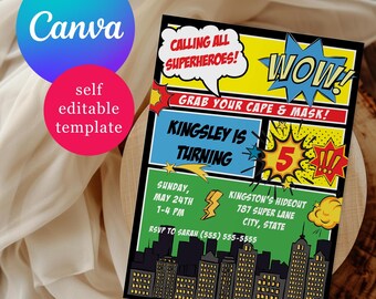 Calling all Superheros, Comic Book Themed Superhero birthday party invitation, Canva Template, city skyline, comic book