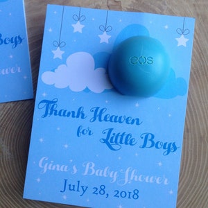 Gracias al cielo por los niños pequeños, recuerdos de baby shower imprimibles, tarjetas de bálsamo labial EOS, personalizadas, recuerdos de fiesta, nubes, estrellas, cielo, enviados del cielo