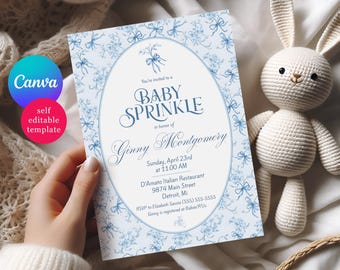 Blue Toile de Jouy Invitation, Editable Canva Template with Custom Decorative Headline Elements Included, Instant Download Printable