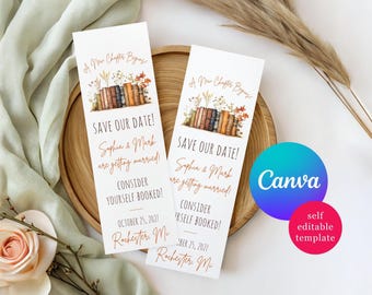 A New Chapter Begins!  Editable Book themed Save the Date Bookmarks, Canva Template, shelf of books, autumn floral, brown, orange