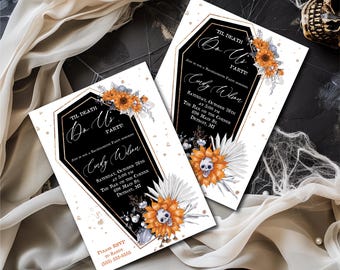 Til Death Do Us Party! Halloween themed bachelorette party invitation, 5x7 printable, coffin, orange floral, skull, bride or die, shower