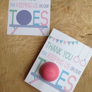 Gymnastics instructor, thank you cards for EOS lip balm, printable, instant download, thank you for keeping us on our toes, group gift