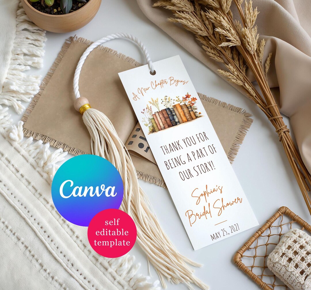 Book Themed Bridal Shower Bookmark Favors, Editable Canva Template, A ...