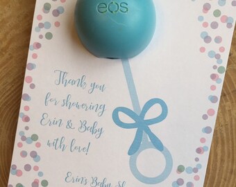 Thank you for showering the baby with love! Personalized printable favor cards for EOS lip balm, rattle, baby shower, blue, mint green, pink