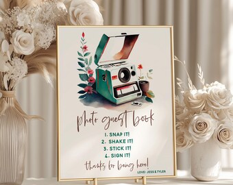 Photo Guest Book Sign, Bridal, Baby Shower, Wedding Sign, Personalized Digital Download, Custom Size, Watercolor Instant Film Camera