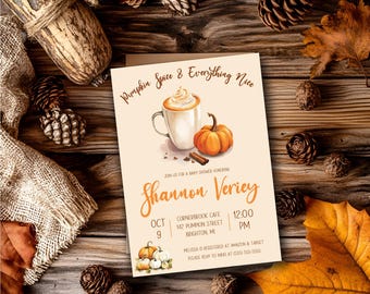 Pumpkin Spice & Everything Nice! Fall themed Baby Shower invitation, 5"x7" printable, pumpkin, orange, brown, autumn, Thanksgiving, latte