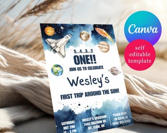 First Trip Around the Sun, Astronaut themed First Birthday Invitation, Editable Canva Template, Instant Download, Digital Printable File