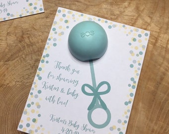 Thank you for showering mommy and baby with love! Personalized printable favor cards for EOS lip balm, rattle, baby shower,mint green,yellow