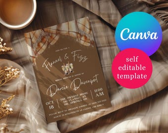 Fall Flannel & Fizz Bridal Shower Invitation, Editable Canva Template, Champagne, Plaid Blanket Scarf, Instant Download
