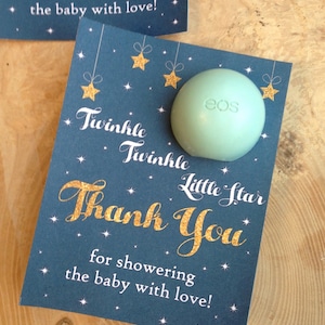 Twinkle, twinkle little star babyshower bedankje afdrukbaar, EOS-lippenbalsemkaarten, bedankt, maan, sterren, nachtblauw, goud, wit