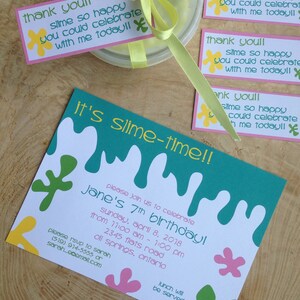Slime time, birthday party invitation and thank you card favor set, pastels, green, yellow, pink, blue, aqua, girl