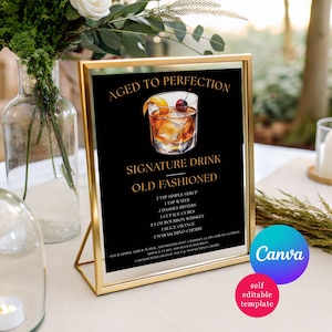 Aged to Perfection, Old Fashioned Cocktail themed birthday party printable sign, Canva Template, Signature Drink, recipe, instructions, bar