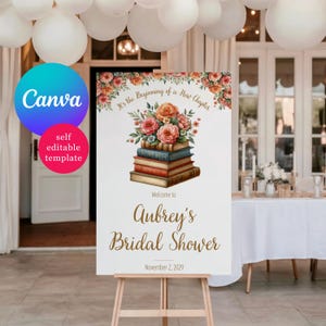Book Themed Bridal Shower Welcome Sign, It's the Beginning of a New Chapter!  Canva Editable Template, Digital Download, Custom