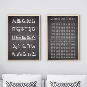 Chalkboard Printable Wall Art Set, Alphabet Print, Multiplication Tables Print, TWO Piece Set, 11x14 inches, Modern Kids' Room Decor, Art