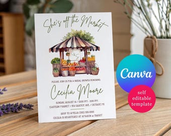 She's off the Market!  Vegetable Stand, Farmer's Market Bridal Shower invitation, Canva Template,  Summer Bridal Shower