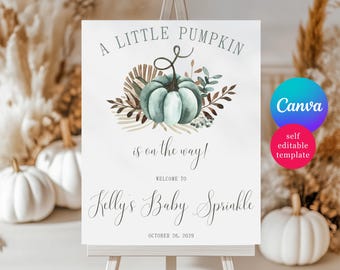 Teal Pumpkin Boho Baby Shower Welcome Sign, A Little Pumpkin is on the Way!  Editable Canva Template, Instant Digital Download Printable