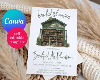 Olive Green Bookshelf, Book themed Bridal Shower invitation, Editable Canva Template, Vintage Cottagecore Bookshelf, Our Story Begins