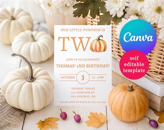 Orange Pumpkin Second Birthday Party Invitation, Editable Canva Template, Instant Download Printable, Our Little Pumpkin is Turning Two!