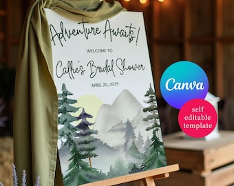Avontuur wacht! Welkomstbord voor een bruids- of babyshower, Canva-sjabloon, digitale download, aangepast formaat, aquarel met bergen, bos, bomen.