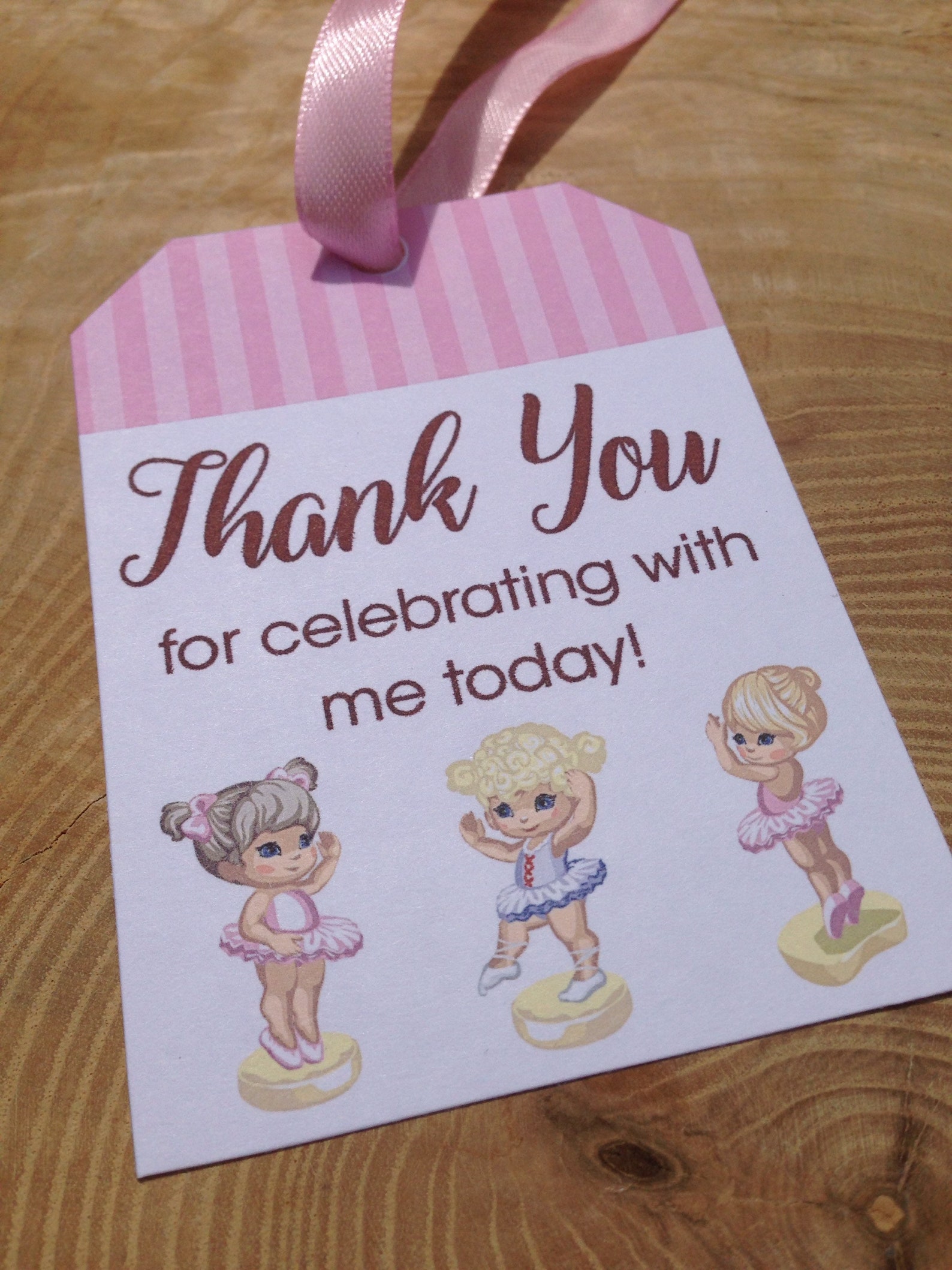 ballerina birthday party favor thank you card printable, ballet, dance shoes, tutus, pink, stripes, thank you for celebrating wi