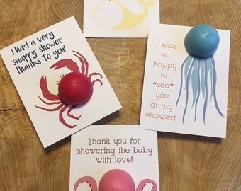 Sea creature thank you cards for EOS lip balm, printable, octopus, crab, jellyfish, whale, lip balm, diy, party favor, baby shower, yellow