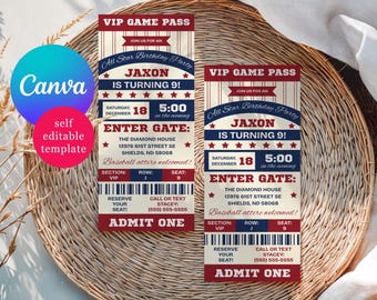 All Star Sports Themed VIP Ticket Birthday Invitation, Editable Canva Template, Printable Instant Download, Blue and Red
