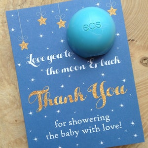 Love you to the moon and back baby shower favor printable, EOS lip balm cards, instant download, royal blue, gold, moon, stars, thank you