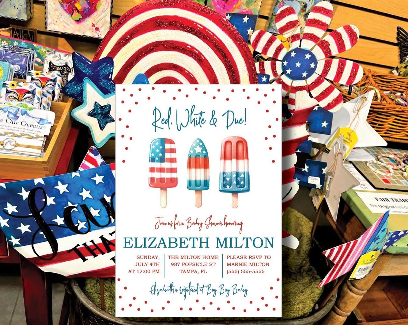 Red, White, and Due! Patriotic Popsicle themed Baby Shower invitation, 5"x7" printable, 4th of July, American flag, Independence Day, July 4