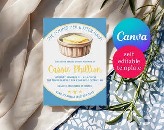 Butter Themed Bridal Shower Invitation, She Found Her Butter Half! Bridal Shower invitation, Canva Template, Baking, Cooking