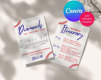 Baseball themed Bachelorette Party Invitation, Diamonds are a Girl's Best Friend, Editable Canva Template, Weekend Itinerary