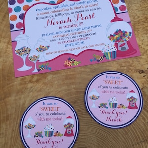 Conjunto de convites para festa de aniversário Candy Land e cartões de agradecimento, rosa, roxo, doces, comemoração doce, chicletes, cupcake, pirulito