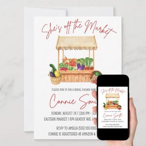 Sie ist vom Markt!  Gemüsestand Bauernmarkt Brautpartyeinladung, 5 "x 7" printable, Frühling, Sommer, personalisiert, frisches Gemüse