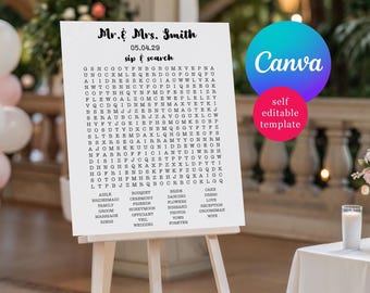 Jeu de mots mêlés pour réception de mariage ! Modèle Canva modifiable pour enterrement de vie de jeune fille, mariage et fête prénuptiale.